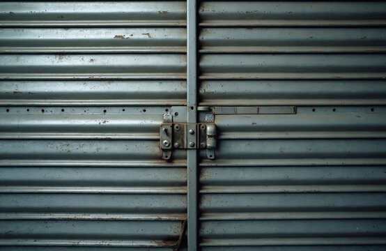 Close-up of aged metal rolling shutter door with horizontal lines. Grey steel surface texture with vintage lock. Industrial metallic gate background with flaking paint and rust. - Powered by Adobe