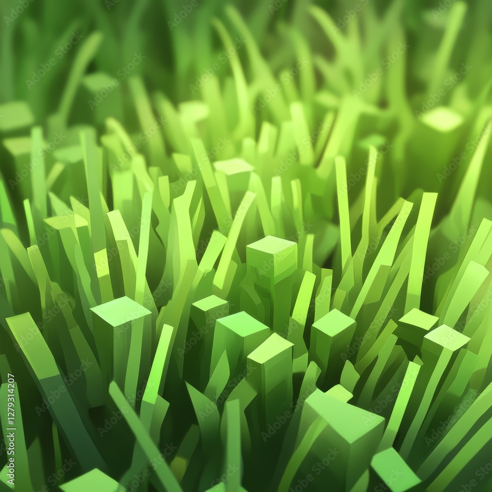 Poster abstract green geometry: a digital meadow of cubes and lines with a dreamy, blurred background.