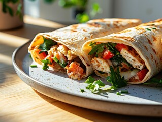 Protein-rich breakfast burrito closeup on a plate in a sunlit kitchen highlighting fresh fillings and ingredients