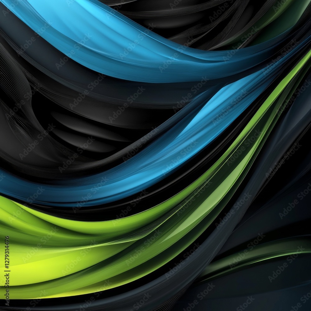 Poster abstract waves: a symphony of blue, green, and black textures in dynamic flowing lines