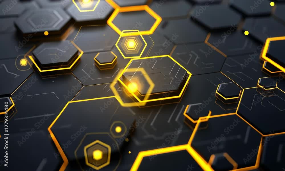 Poster explore a stunning hexagonal pattern with glowing lines in a dark background at night