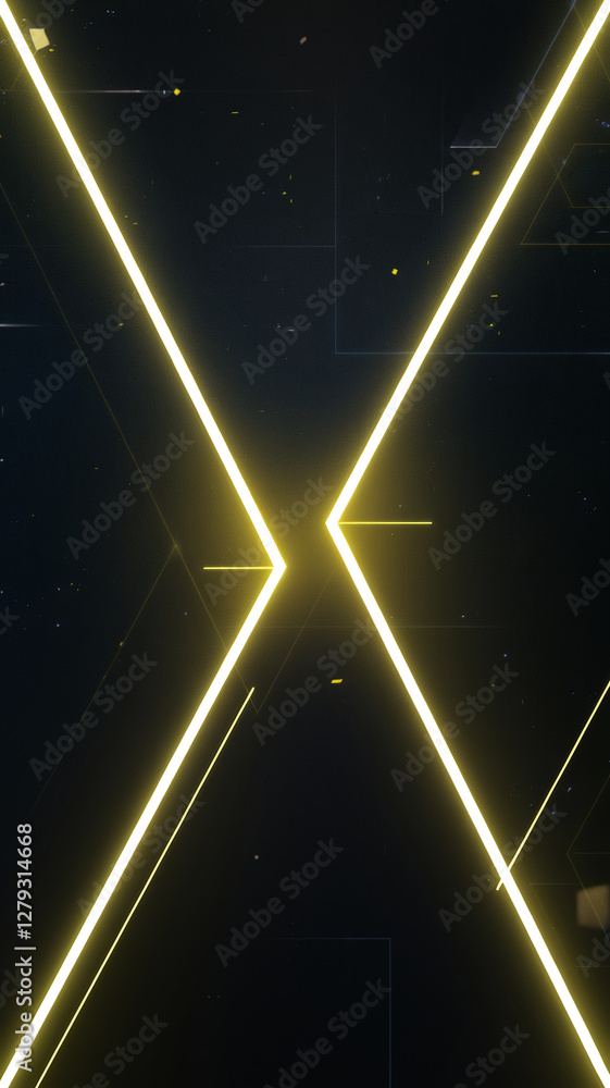 Poster futuristic digital composition featuring bright yellow neon lines crossing in 