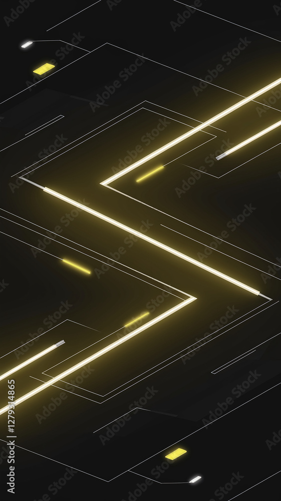 Poster a sleek digital composition featuring yellow neon lines in a dynamic 