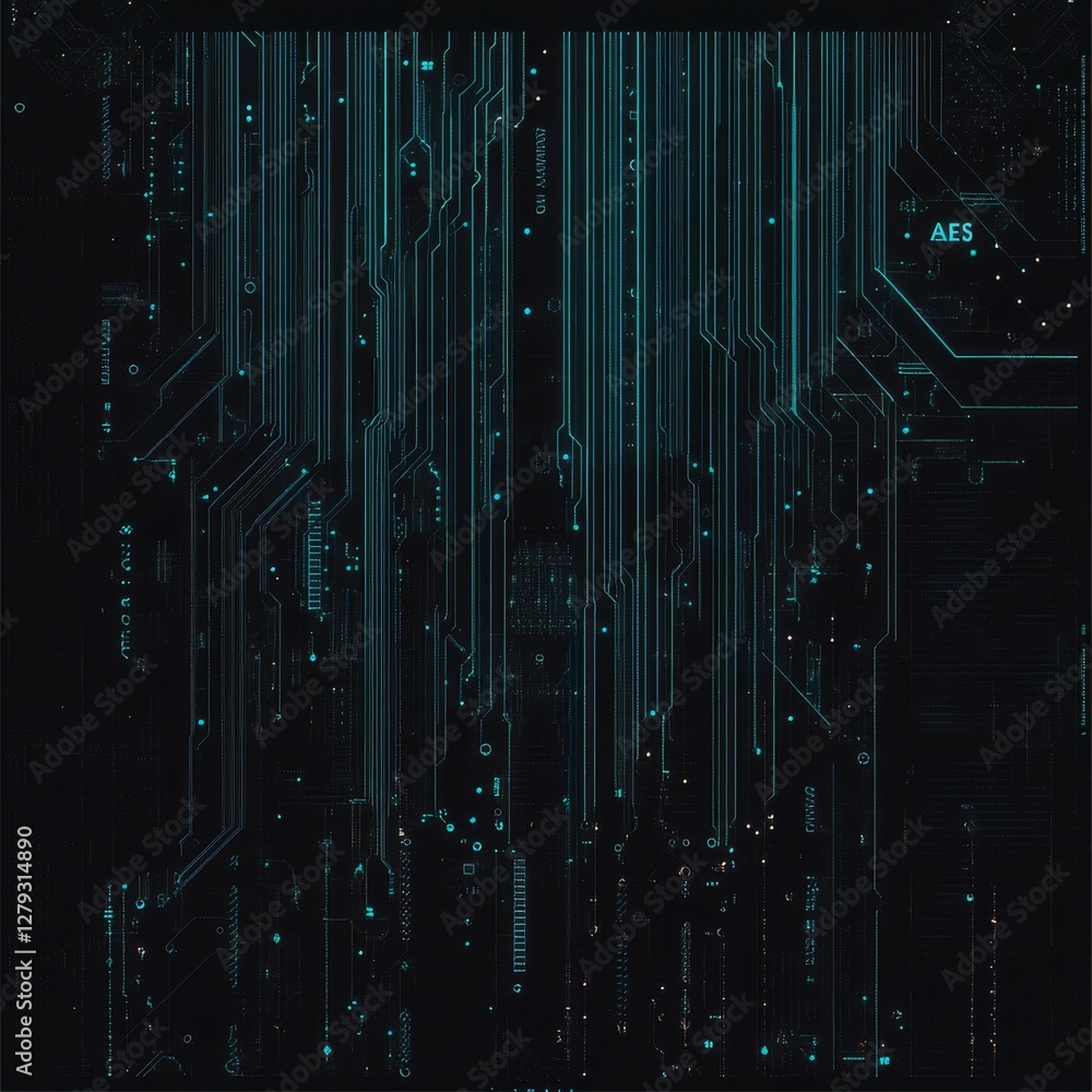 Poster circuit board blueprint: abstract teal lines and digital elements on black background for tech desig
