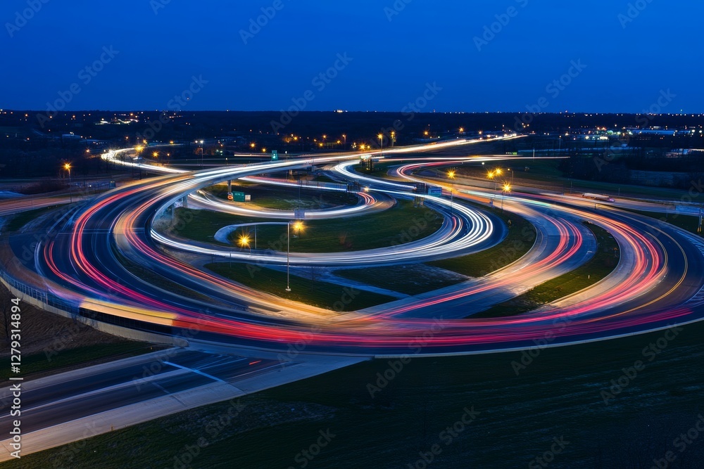 Poster dynamic urban highway interchange illuminated at night showcasing light trails and intricate road pa