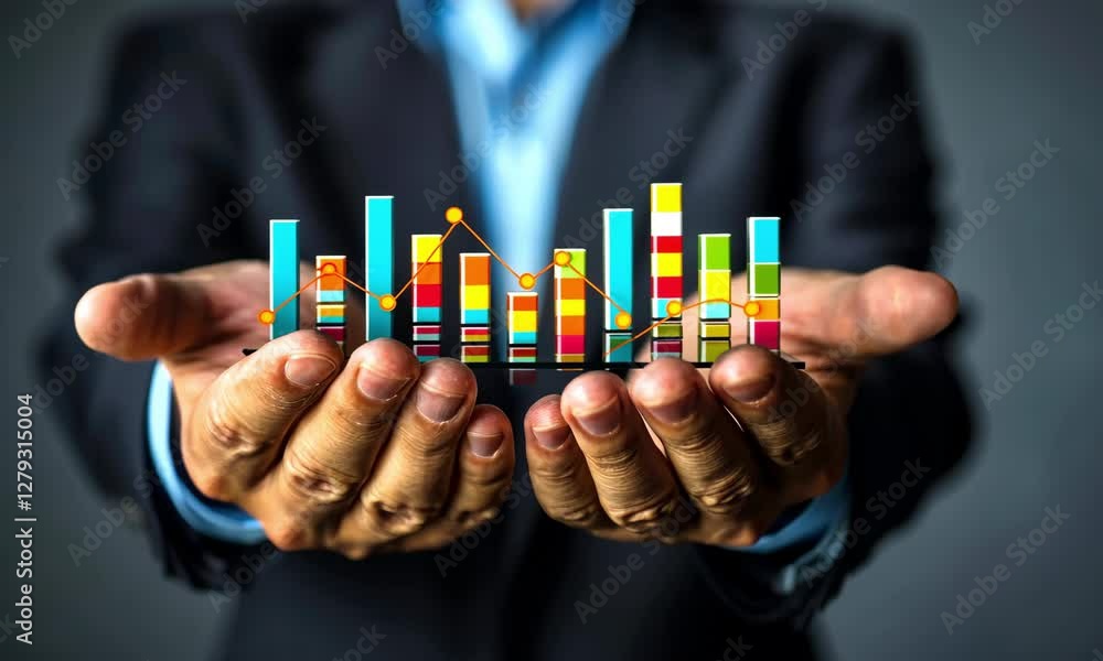Poster business professional presents analysis of financial data through colorful charts and graphs in a co