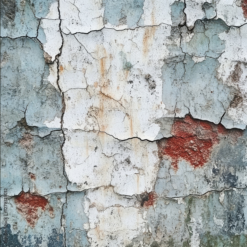 Poster cracked plaster wall with remnants of old paint: a textural study of decay and imperfection with vis