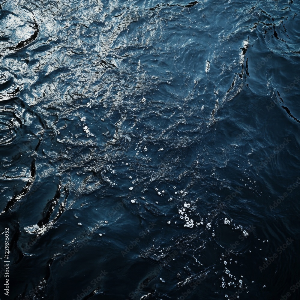 Poster dark blue water surface with ripples and sparkling light, aerial view creating a serene and tranquil