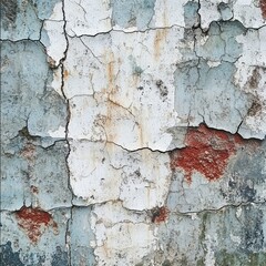 Obraz premium Cracked Plaster Wall with Remnants of Old Paint: A Textural Study of Decay and Imperfection with Visible Red Underlying Layer.