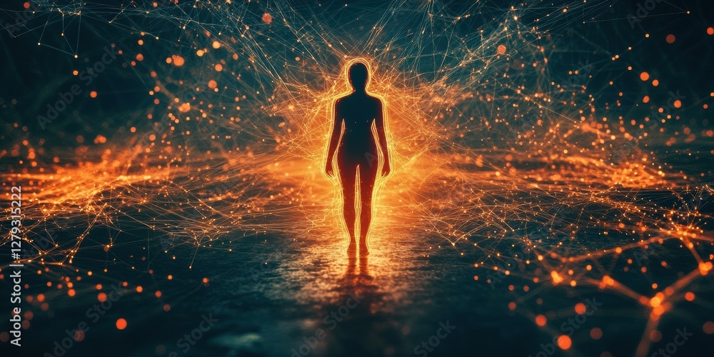 Aufkleber creating a glowing network of lines to form a human silhouette digital art virtual space abstract