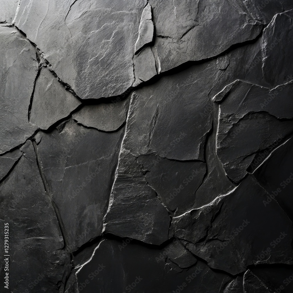 Leinwandbilder deep shadows: a close-up of a dark, textured slate surface with cracks and angular fragments