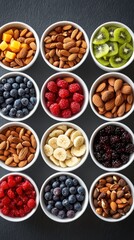 Obraz premium Colorful acai bowl toppings suggestions bright daylight flat lay food photography healthy ingredients vibrant nuts seeds and fruits