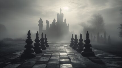 Obraz premium Surreal black and white chess scene with oversized marble pieces in a foggy gothic landscape