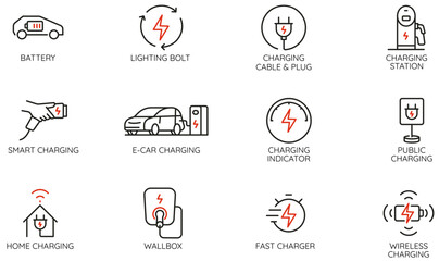 Vector Set of Linear Icons Related to Electric Vehicle Charging infrastructure and Car Power Station. Mono line pictograms and infographics design elements