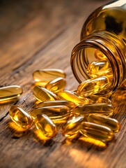 Golden Fish Oil Capsules Spilling from Glass Bottle on Wooden Surface, Natural Health Concept