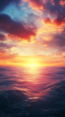 Naklejka premium Vibrant sunset over the ocean with dramatic clouds and reflective water, symbolizing tranquility, nature's beauty, and the serene atmosphere of the sea