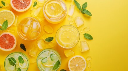 Takeaway glasses of summer drinks with ice, viewed from the top, offer a refreshing and vibrant sight perfect for sunny days.







