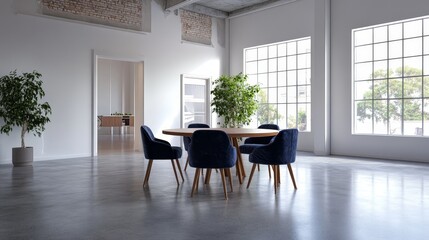 Fototapeta premium Modern Meeting Space With Natural Light and Plants in a Minimalist Design, Perfect for Collaborative Work and Creative Discussions