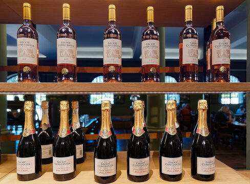 South Africa, Cape Town, November 18, 2024: Bottles of rose and red wine for sale at the Groot Constantia Winery, believed to be South Africa's oldest wine estate.