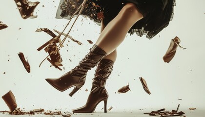 Striking fashion shot of high heels suspended by rope with a woman in black dress and stilettos