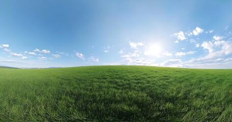 Fototapeta premium Green Field and Blue Sky Panorama A Wide Panoramic View of a Lush Green Field with Fluffy White Clouds and Bright Sun Under a Clear Blue Sky