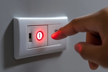 Close up view of a finger pressing the power button on a white electrical socket with red light
