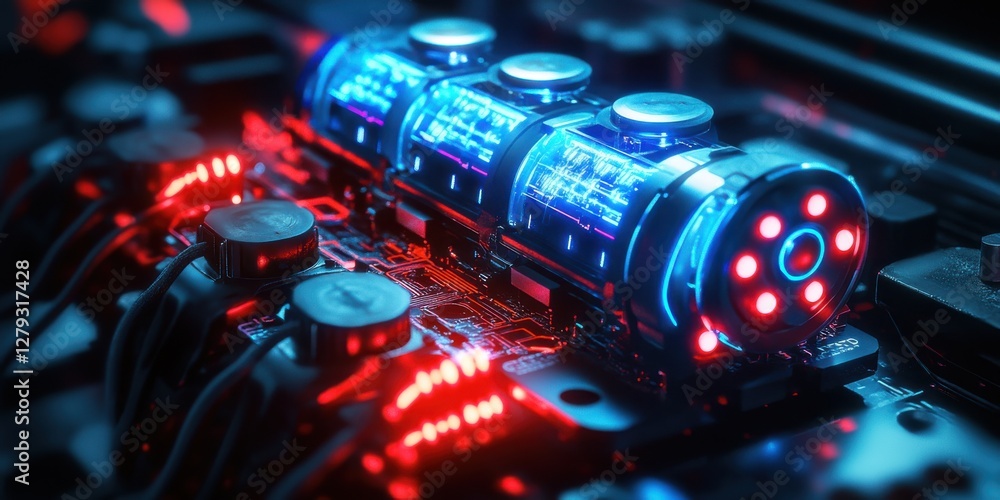 Poster futuristic laboratory setting illuminating high-tech sensor modules with light effects