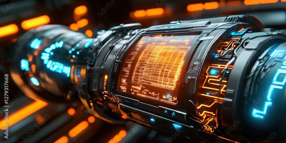 Poster futuristic sensor device glowing orange and blue tech lab visual display high-tech innovation
