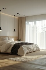 Fototapeta premium Modern bedroom featuring boucle fabric and natural light