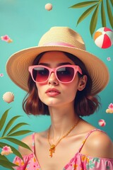 Fototapeta premium In a vibrant, tropical atmosphere, a young woman dons trendy pink sunglasses and a wide-brimmed straw hat, radiating summer joy amidst playful decorations and lush leaves