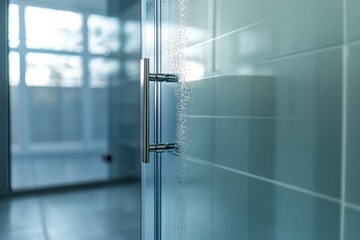 Spotlessly cleaned glass shower door enhances bathroom elegance and brightness during daylight. Generative AI