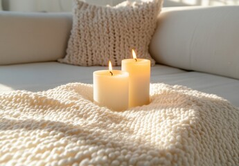 Cozy Living Room Setting with Candles on Soft Blanket in Sunlight