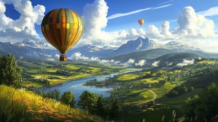 Fototapeta premium Ascend to Wonder: A Hot Air Balloon Journey Over a Breathtaking Landscape of Rolling Hills, a Winding River, and Distant Mountains