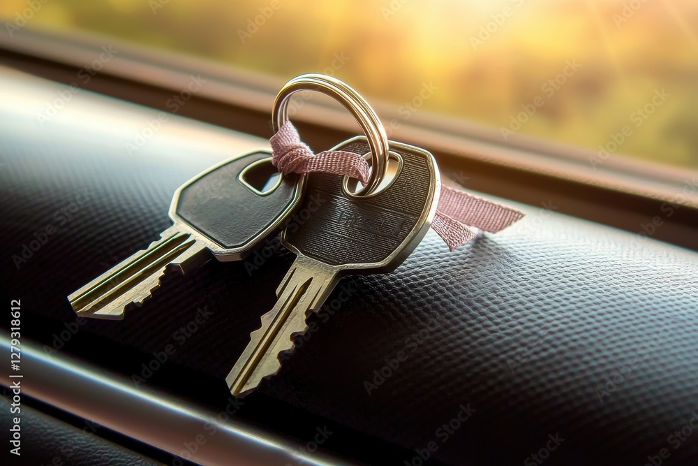 Poster a close-up shot of a set of keys with a pink ribbon on a textured dark surface, with natural sunligh