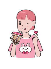 Young Girl Eating Boba Milk Tea With Showing Heart Shape Hand Sign, Kawaii Style