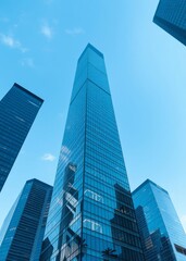 Obraz premium Modern skyscrapers, gleaming glass facades, towering architecture, blue tinted cityscape, upward perspective, sleek corporate buildings, financial district, urban grandeur, reflective surfaces, contem