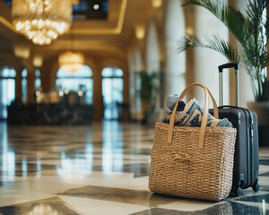 Stylish luggage with a modern suitcase and woven basket with towels and a plant placed in a luxurious hotel lobby, symbolizing travel, comfort, and elegant relaxation.