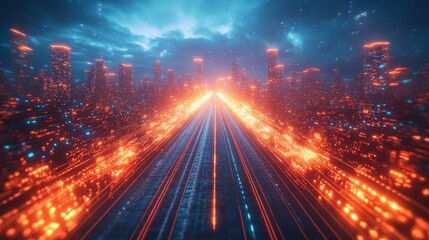 Fototapeta premium Bright Neon Lights Illuminate a Futuristic City Skyline as Dusk Settles Over the Urban Landscape With a Striking Orange Sunset