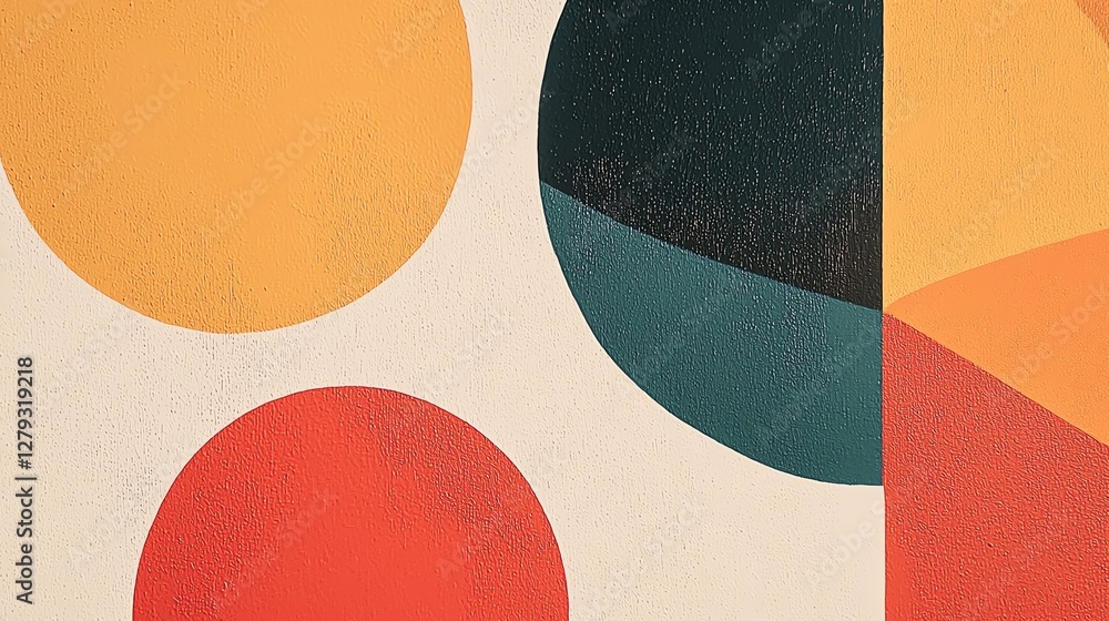 Aufkleber an abstract composition featuring colorful circles and geometric shapes on a textured background.