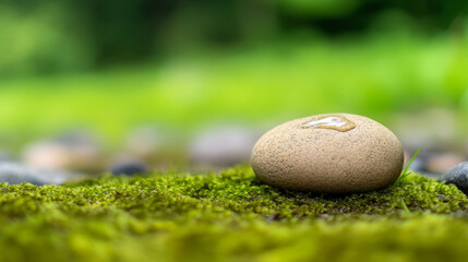 Dew covered pebble on vibrant green moss in a serene natural setting captured at a high key angle with minimalist style