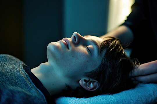 Relaxation session at a tranquil setting focusing on a person enjoying a calming experience with gentle touches. Generative AI