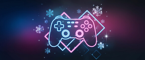 A neon-lit game controller surrounded by snowflakes and geometric shapes, creating a festive and playful atmosphere, symbolizing digital gaming fun and winter vibes. Gamer background