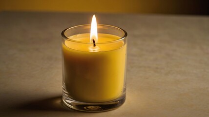 Candle, Glowing candle in glass burning in the dark, Close-up picture of lit yellow candle isolated on table background