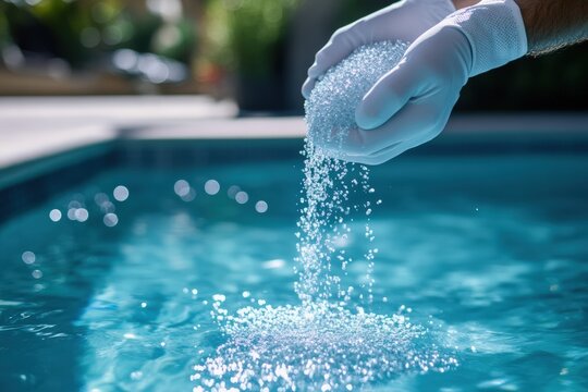 Pool cleaning process involves pouring chlorine granules into water for sanitation and clarity. Generative AI