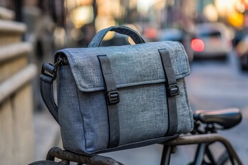 Close-up of a stylish gray messenger bag with black straps secured on a bicycle rack, city scene background, evoking urban commuting and modern lifestyle.