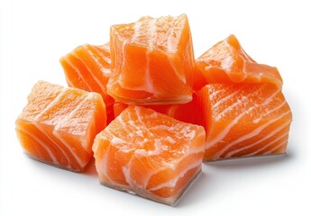 Fresh Raw Salmon Cubes on White Background for Culinary Use