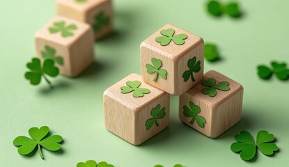 Wooden Blocks with Clover Designs on Green Background