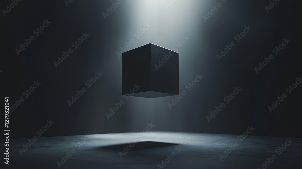 Poster A 3D cube floating in a dark void with dramatic lighting