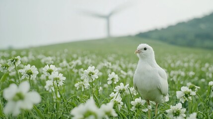 Obraz premium White dove in flower field, wind turbine background, peaceful nature scene, eco-friendly imagery
