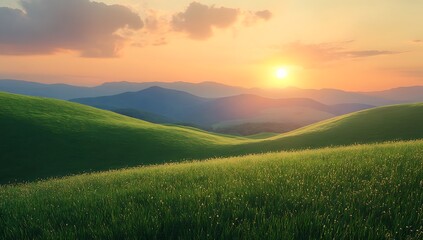 Obraz premium Golden Sunset Over Rolling Hills A Beautiful Landscape with Lush Green Fields and Distant Mountains at Sunset with a Warm Glowing Sky